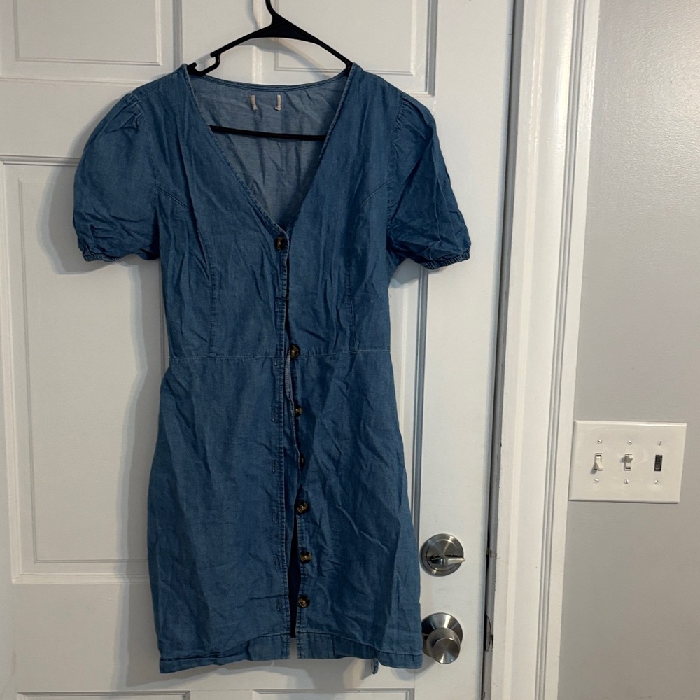 Blue Button-Front Short Sleeve Dress